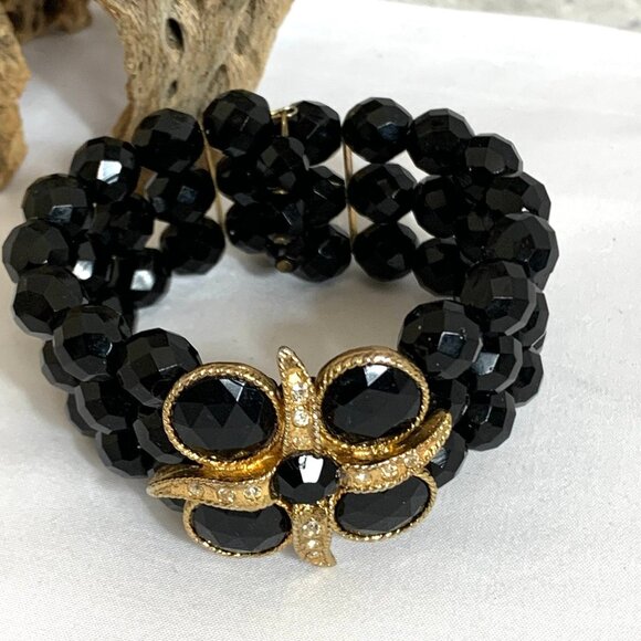 CAROL DAUPLAISE Faceted Black Bead Memory Bracelet with Rhinestone Medallion - Picture 6 of 6